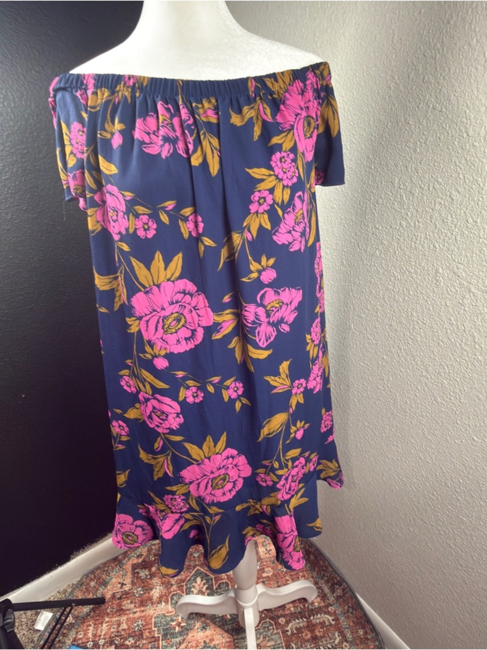 Express Navy Midi Skirt with Pink Floral & Gold Leaves